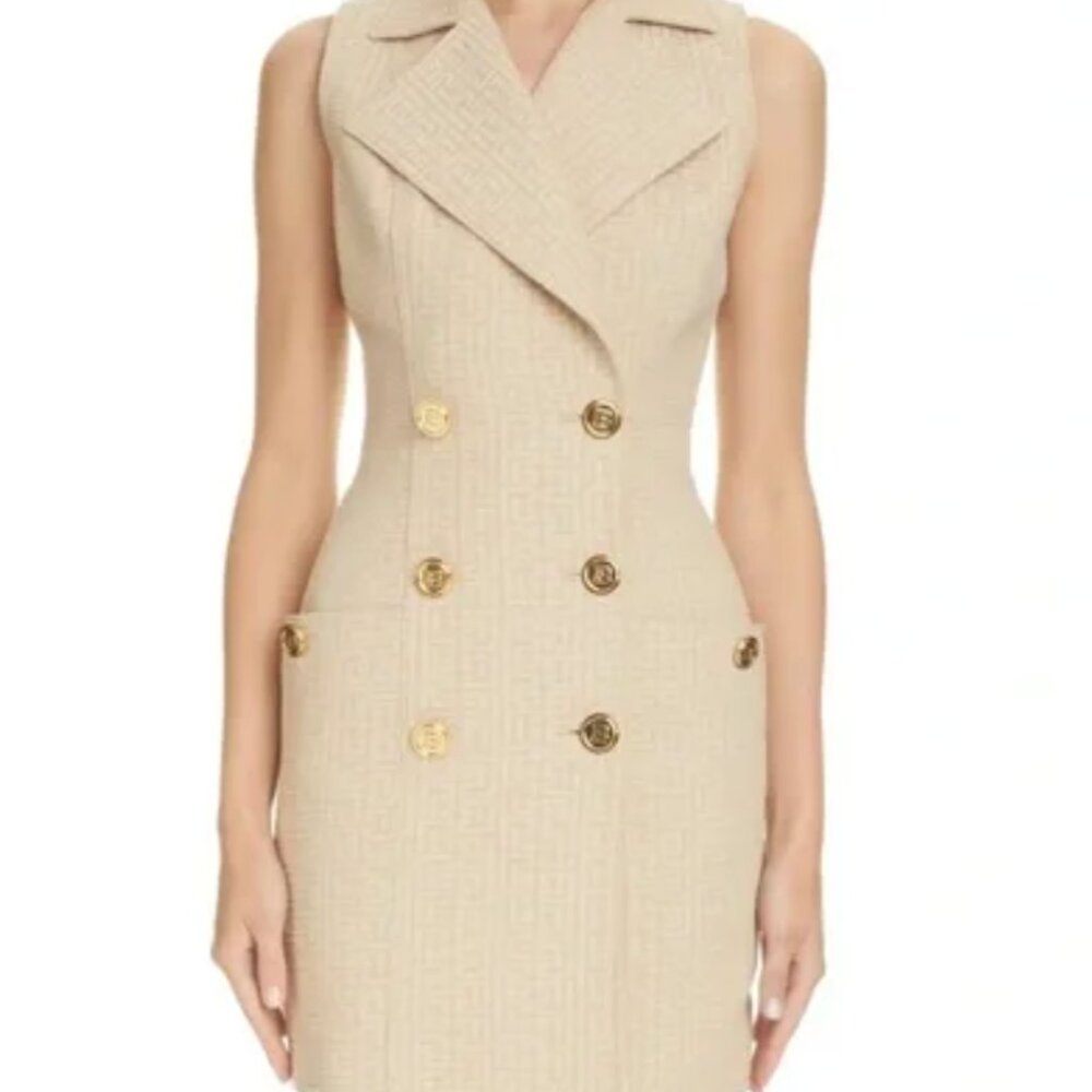Balmain Monogram Jacquard Double Breasted Minidress 38